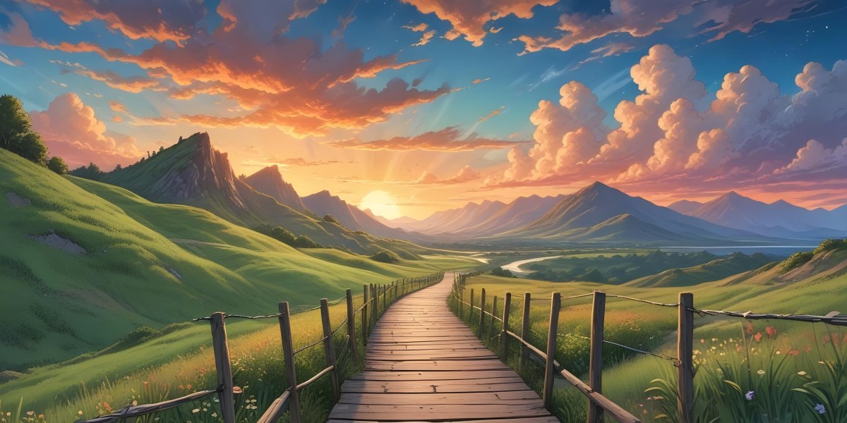 Comic Style A Wooden Walkway Leading Through A Lush Green Landscape With Mountains In The Background Under A Dramatic Cloudy Sky At Sunset A Stone Path Winding Through A Vibrant Colorful Meadow With Hills In 38 9912
