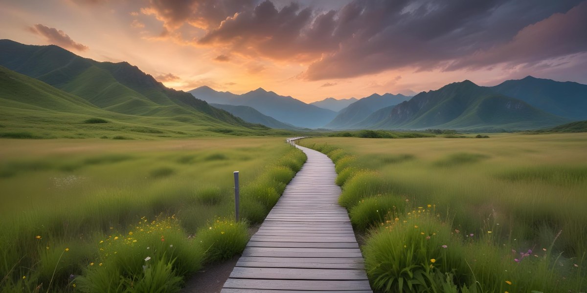 Comic Style A Wooden Walkway Leading Through A Lush Green Landscape With Mountains In The Background Under A Dramatic Cloudy Sky At Sunset A Stone Path Winding Through A Vibrant Colorful Meadow With Hills In 4 2d44