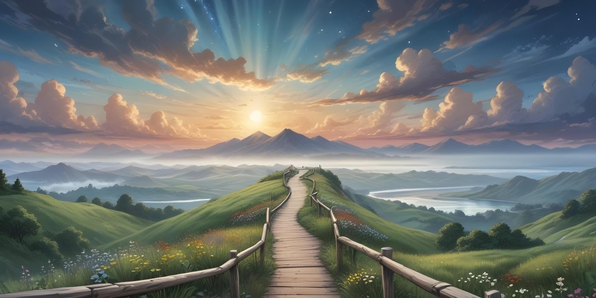 Comic Style A Wooden Walkway Leading Through A Lush Green Landscape With Mountains In The Background Under A Dramatic Cloudy Sky At Sunset A Stone Path Winding Through A Vibrant Colorful Meadow With Hills In 41 7940