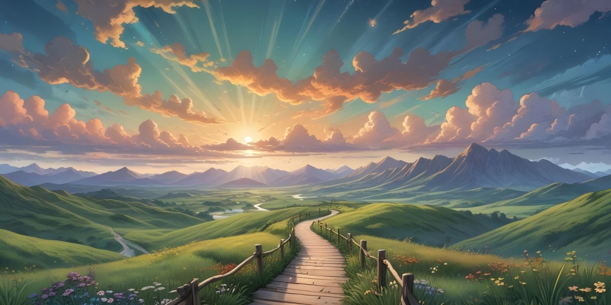Comic Style A Wooden Walkway Leading Through A Lush Green Landscape With Mountains In The Background Under A Dramatic Cloudy Sky At Sunset A Stone Path Winding Through A Vibrant Colorful Meadow With Hills In 43 93e7