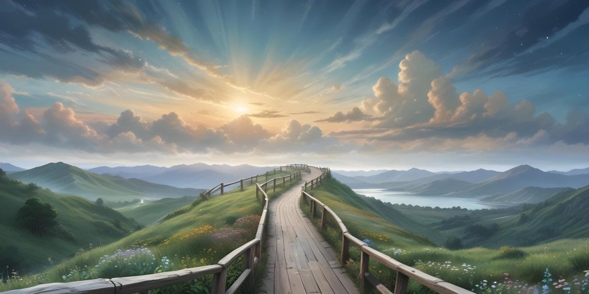 Comic Style A Wooden Walkway Leading Through A Lush Green Landscape With Mountains In The Background Under A Dramatic Cloudy Sky At Sunset A Stone Path Winding Through A Vibrant Colorful Meadow With Hills In 44 A772