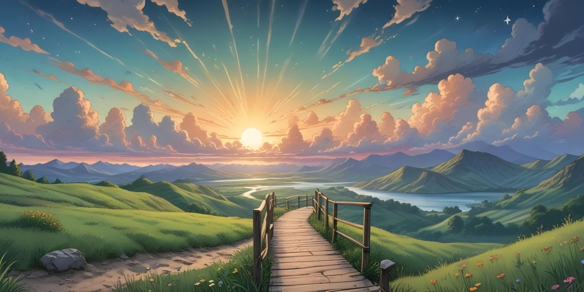 Comic Style A Wooden Walkway Leading Through A Lush Green Landscape With Mountains In The Background Under A Dramatic Cloudy Sky At Sunset A Stone Path Winding Through A Vibrant Colorful Meadow With Hills In 46 Bfab