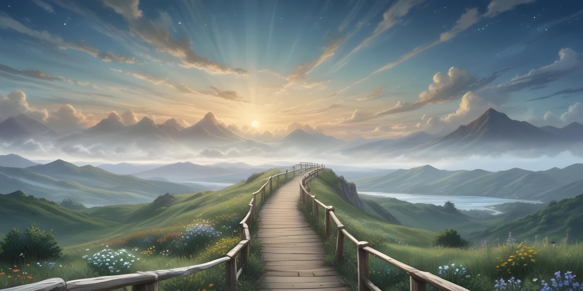 Comic Style A Wooden Walkway Leading Through A Lush Green Landscape With Mountains In The Background Under A Dramatic Cloudy Sky At Sunset A Stone Path Winding Through A Vibrant Colorful Meadow With Hills In 48 Edb1