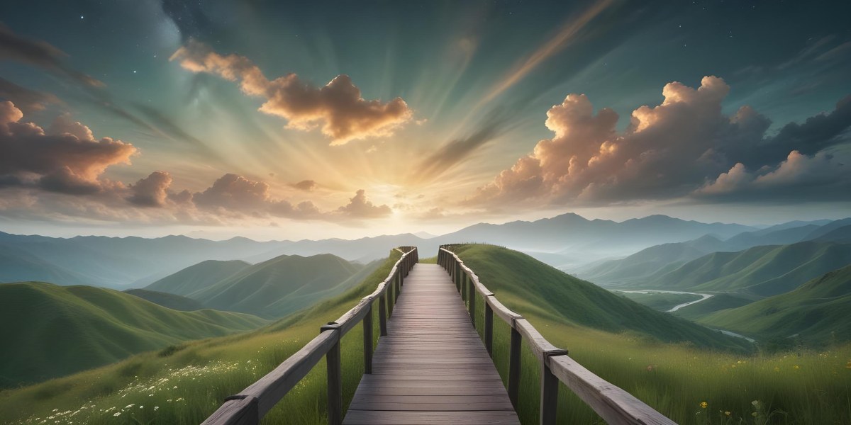 Comic Style A Wooden Walkway Leading Through A Lush Green Landscape With Mountains In The Background Under A Dramatic Cloudy Sky At Sunset A Stone Path Winding Through A Vibrant Colorful Meadow With Hills In 6 Eebd
