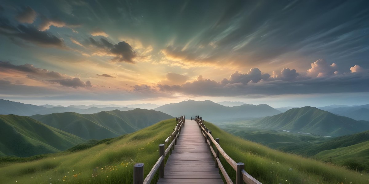 Comic Style A Wooden Walkway Leading Through A Lush Green Landscape With Mountains In The Background Under A Dramatic Cloudy Sky At Sunset A Stone Path Winding Through A Vibrant Colorful Meadow With Hills In 9 C91e