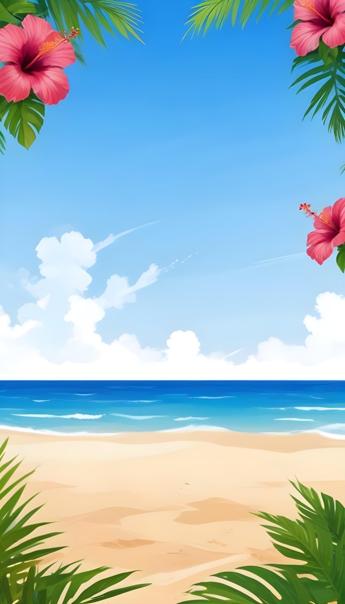 Digital Painting A Beach With Blue Sky Sand And Sand Hibiscus Flower And Palm Leaves On The Corners Tropical Paradise Summer Vacation Vibrant Colors Sunny Day Bold And Slim Lines Brush Strokes 5 362c