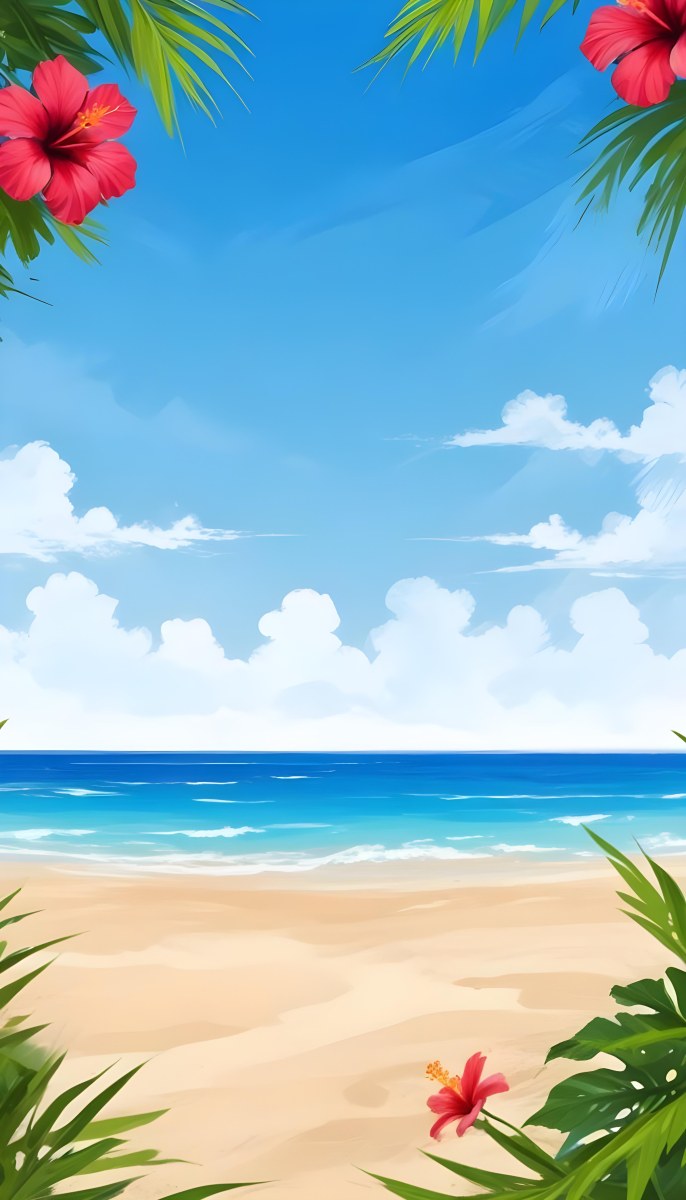Digital Painting A Beach With Blue Sky Sand And Sand Hibiscus Flower And Palm Leaves On The Corners Tropical Paradise Summer Vacation Vibrant Colors Sunny Day Bold And Slim Lines Brush Strokes 6 60c2