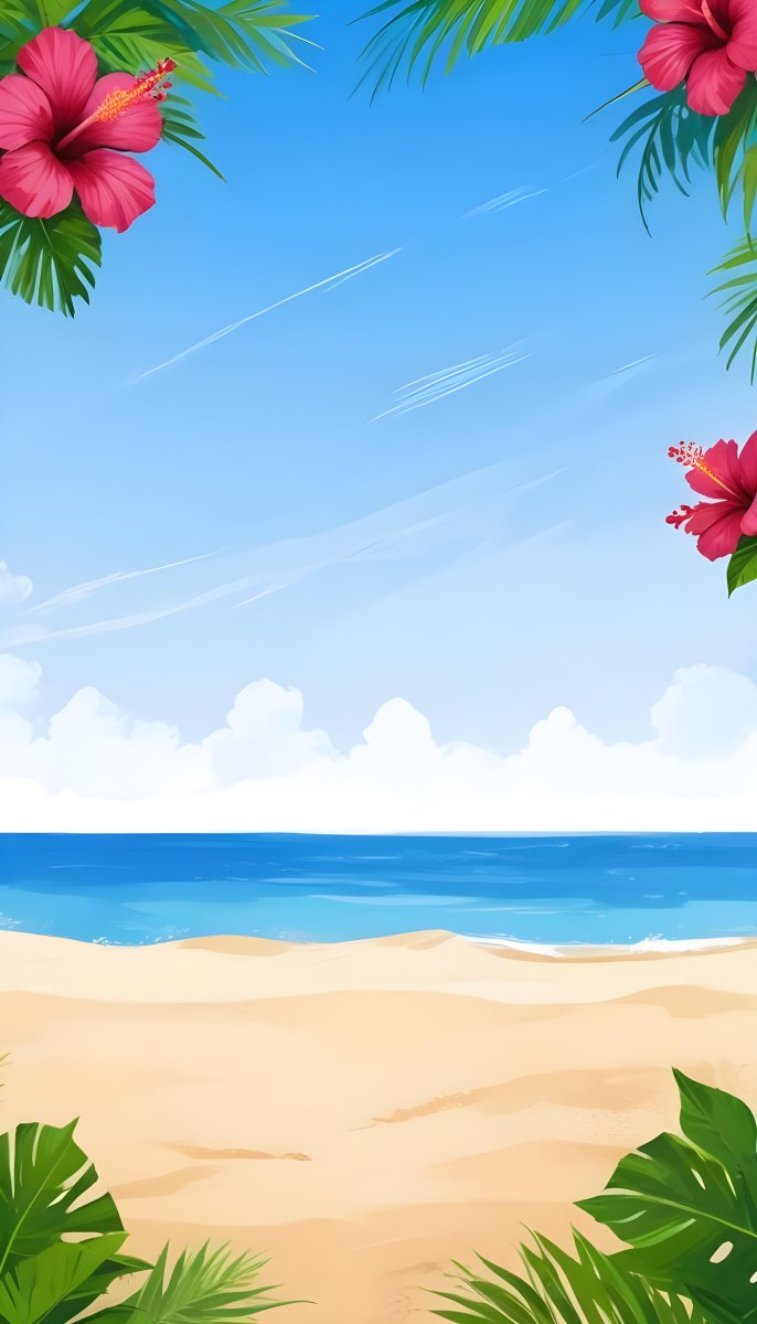 Digital Painting A Beach With Blue Sky Sand And Sand Hibiscus Flower And Palm Leaves On The Corners Tropical Paradise Summer Vacation Vibrant Colors Sunny Day Bold And Slim Lines Brush Strokes 7 9924