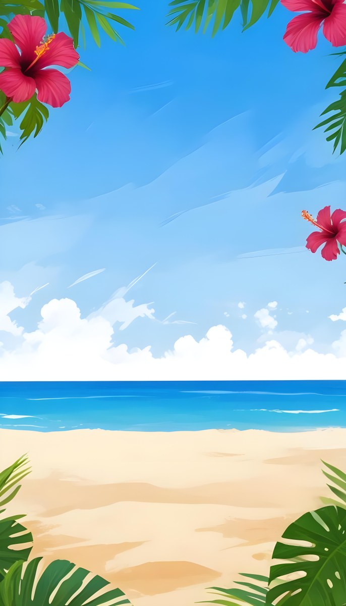 Digital Painting A Beach With Blue Sky Sand And Sand Hibiscus Flower And Palm Leaves On The Corners Tropical Paradise Summer Vacation Vibrant Colors Sunny Day Bold And Slim Lines Brush Strokes 8 B1bc