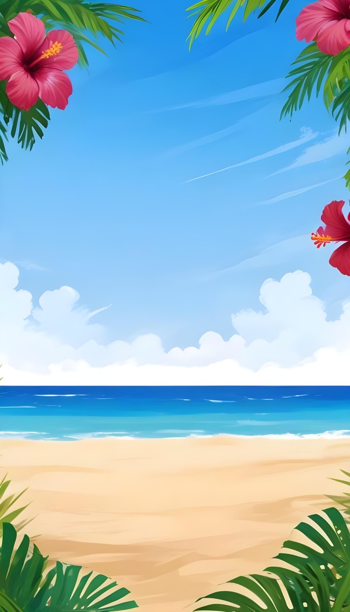 Digital Painting A Beach With Blue Sky Sand And Sand Hibiscus Flower And Palm Leaves On The Corners Tropical Paradise Summer Vacation Vibrant Colors Sunny Day Bold And Slim Lines Brush Strokes 9 A2d9