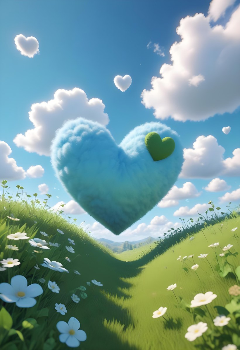 Digital Painting A Bright Blue Sky With Fluffy White Clouds And A Soft Gradient Background The Lower Part Features A Grassy Field With Small Green Heart Shaped Plants Scattered Throughout Creating A Whimsical And Cheer 13 6db6