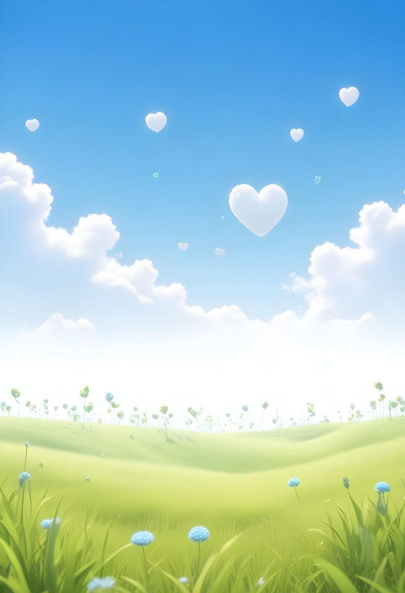 Digital Painting A Bright Blue Sky With Fluffy White Clouds And A Soft Gradient Background The Lower Part Features A Grassy Field With Small Green Heart Shaped Plants Scattered Throughout Creating A Whimsical And Cheer 17 8731