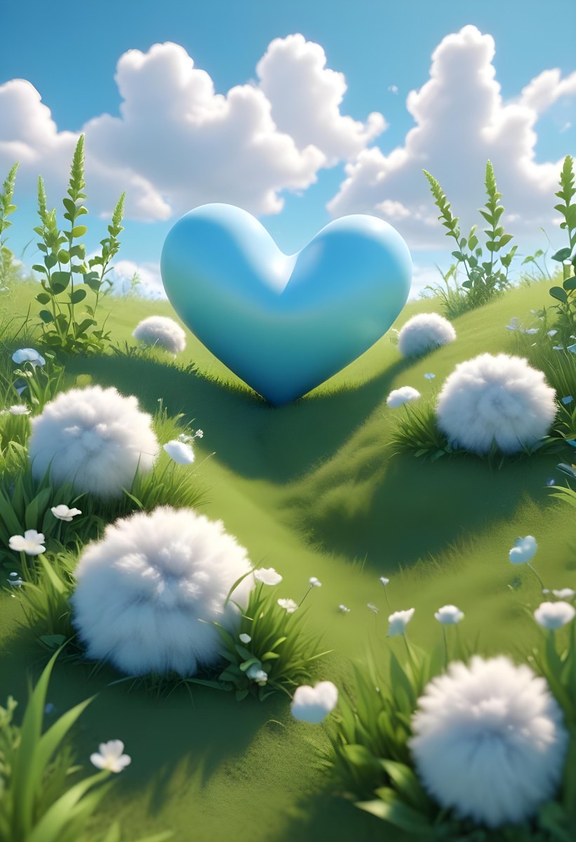 Digital Painting A Bright Blue Sky With Fluffy White Clouds And A Soft Gradient Background The Lower Part Features A Grassy Field With Small Green Heart Shaped Plants Scattered Throughout Creating A Whimsical And Cheer 19 2abc