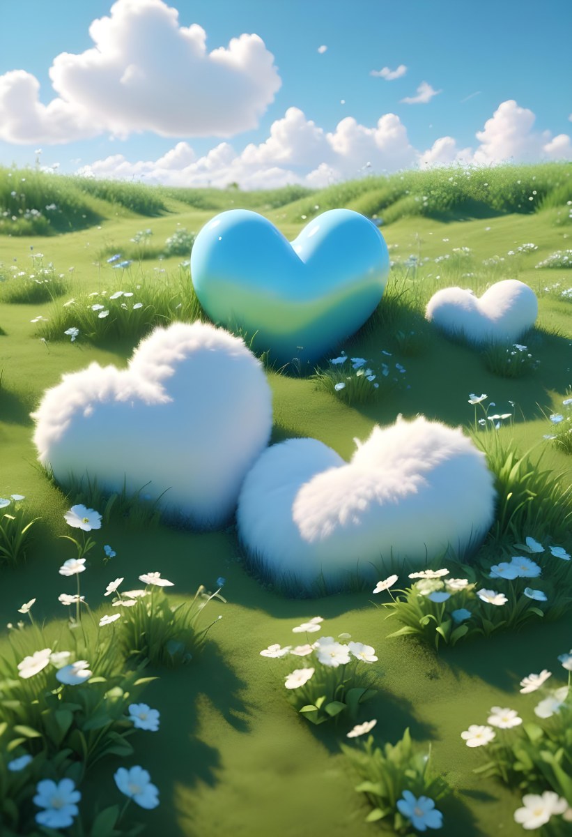 Digital Painting A Bright Blue Sky With Fluffy White Clouds And A Soft Gradient Background The Lower Part Features A Grassy Field With Small Green Heart Shaped Plants Scattered Throughout Creating A Whimsical And Cheer 23 E56f