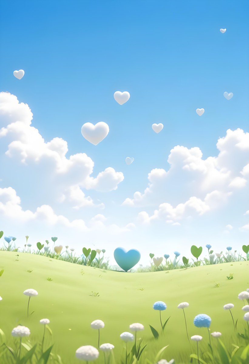 Digital Painting A Bright Blue Sky With Fluffy White Clouds And A Soft Gradient Background The Lower Part Features A Grassy Field With Small Green Heart Shaped Plants Scattered Throughout Creating A Whimsical And Cheer 27 42cb