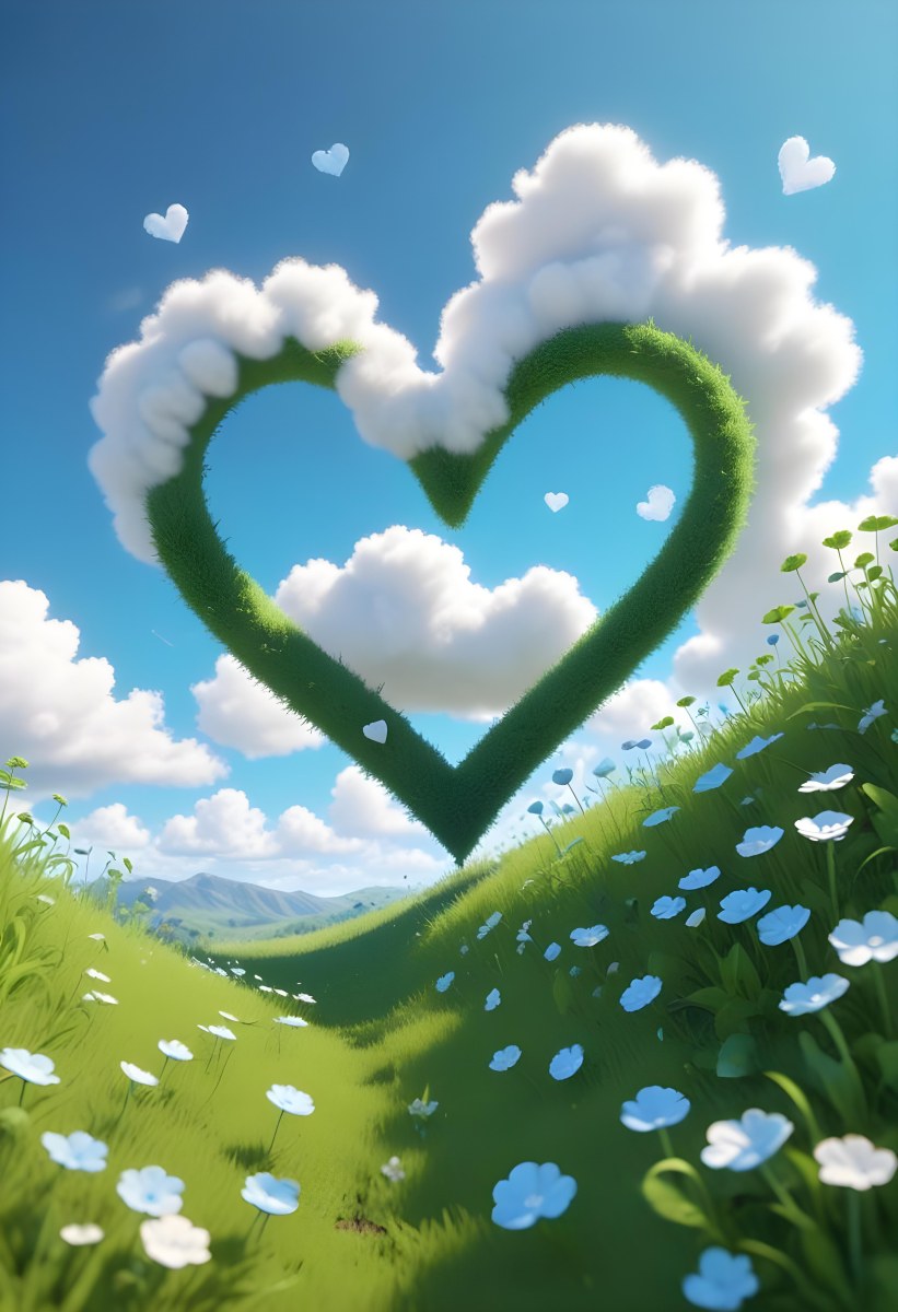 Digital Painting A Bright Blue Sky With Fluffy White Clouds And A Soft Gradient Background The Lower Part Features A Grassy Field With Small Green Heart Shaped Plants Scattered Throughout Creating A Whimsical And Cheer 31 8d2c