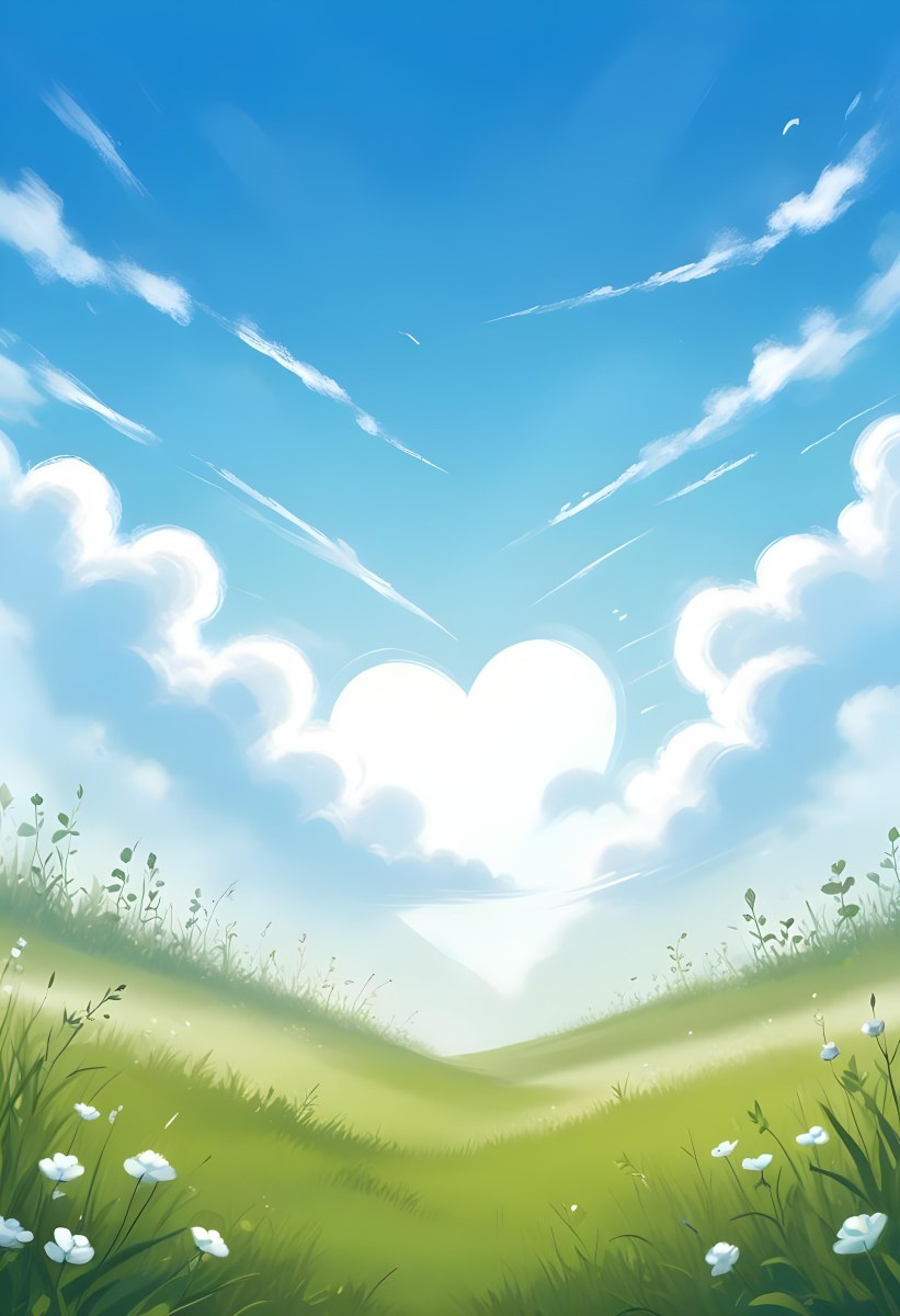Digital Painting A Bright Blue Sky With Fluffy White Clouds And A Soft Gradient Background The Lower Part Features A Grassy Field With Small Green Heart Shaped Plants Scattered Throughout Creating A Whimsical And Cheer 35 29e2