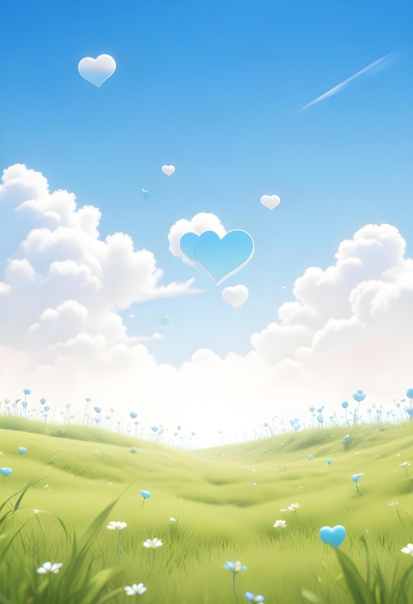 Digital Painting A Bright Blue Sky With Fluffy White Clouds And A Soft Gradient Background The Lower Part Features A Grassy Field With Small Green Heart Shaped Plants Scattered Throughout Creating A Whimsical And Cheer 40 352b