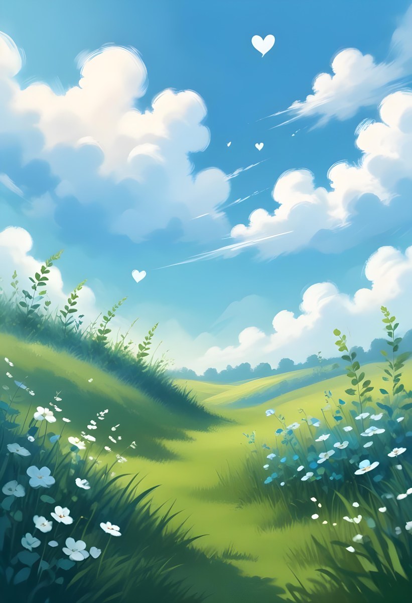 Digital Painting A Bright Blue Sky With Fluffy White Clouds And A Soft Gradient Background The Lower Part Features A Grassy Field With Small Green Heart Shaped Plants Scattered Throughout Creating A Whimsical And Cheer 43 7705
