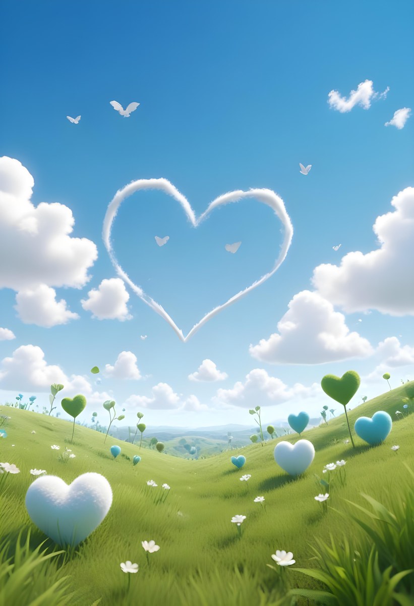 Digital Painting A Bright Blue Sky With Fluffy White Clouds And A Soft Gradient Background The Lower Part Features A Grassy Field With Small Green Heart Shaped Plants Scattered Throughout Creating A Whimsical And Cheer 44 6ec5