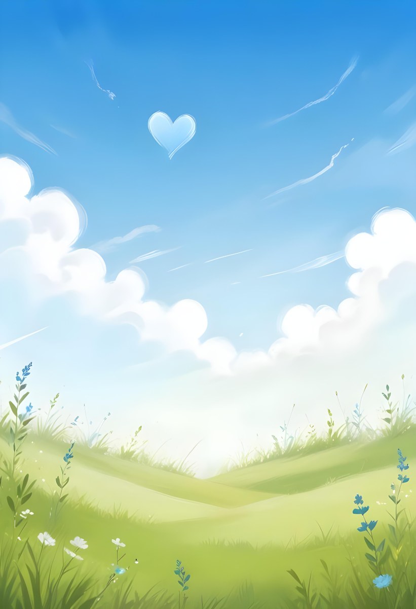 Digital Painting A Bright Blue Sky With Fluffy White Clouds And A Soft Gradient Background The Lower Part Features A Grassy Field With Small Green Heart Shaped Plants Scattered Throughout Creating A Whimsical And Cheer 47 3818