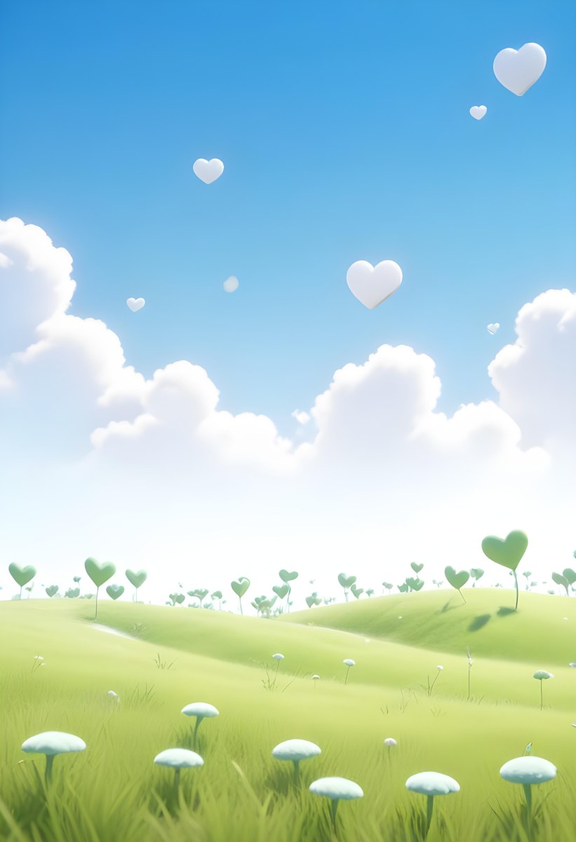 Digital Painting A Bright Blue Sky With Fluffy White Clouds And A Soft Gradient Background The Lower Part Features A Grassy Field With Small Green Heart Shaped Plants Scattered Throughout Creating A Whimsical And Cheer 48 B610