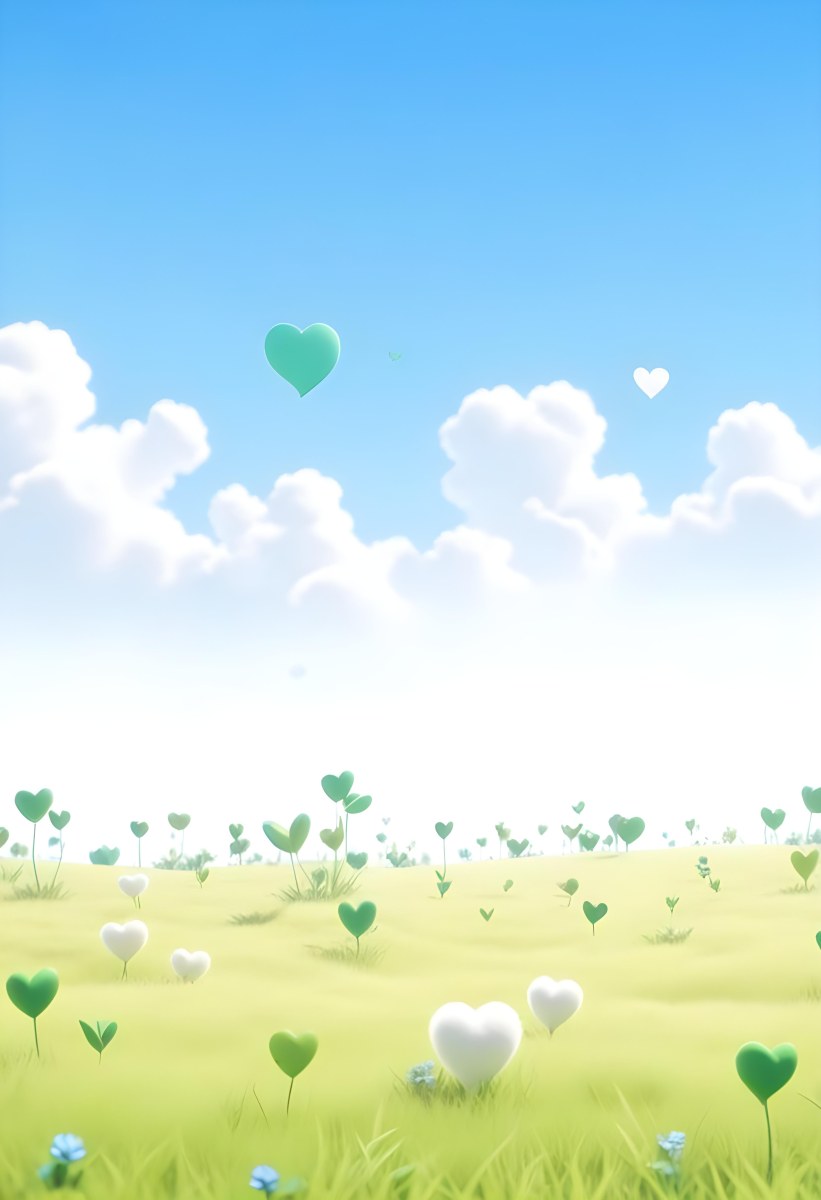 Digital Painting A Bright Blue Sky With Fluffy White Clouds And A Soft Gradient Background The Lower Part Features A Grassy Field With Small Green Heart Shaped Plants Scattered Throughout Creating A Whimsical And Cheer 49 62e2