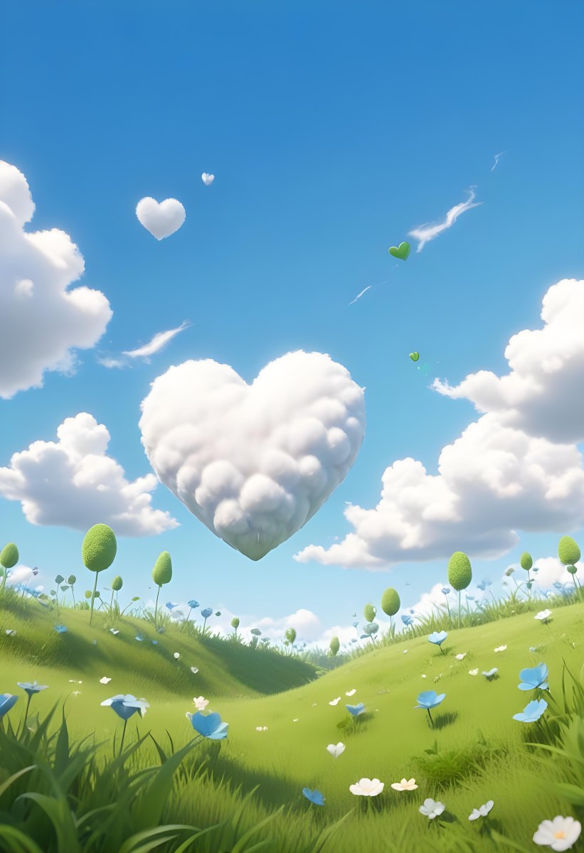 Digital Painting A Bright Blue Sky With Fluffy White Clouds And A Soft Gradient Background The Lower Part Features A Grassy Field With Small Green Heart Shaped Plants Scattered Throughout Creating A Whimsical And Cheer 5 175d