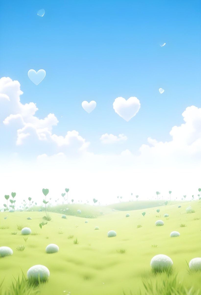 Digital Painting A Bright Blue Sky With Fluffy White Clouds And A Soft Gradient Background The Lower Part Features A Grassy Field With Small Green Heart Shaped Plants Scattered Throughout Creating A Whimsical And Cheer 51 Bf1c