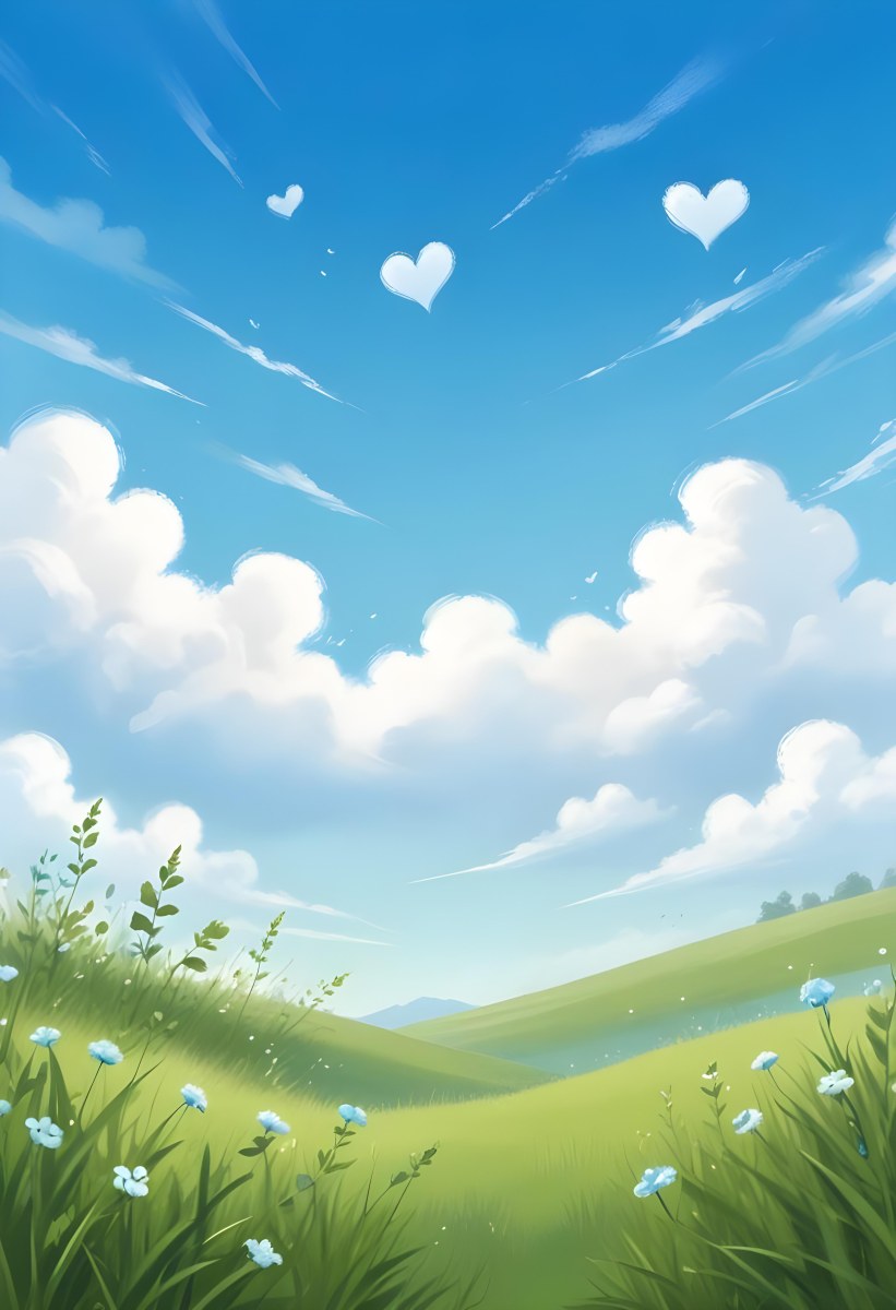 Digital Painting A Bright Blue Sky With Fluffy White Clouds And A Soft Gradient Background The Lower Part Features A Grassy Field With Small Green Heart Shaped Plants Scattered Throughout Creating A Whimsical And Cheer 6 D2af