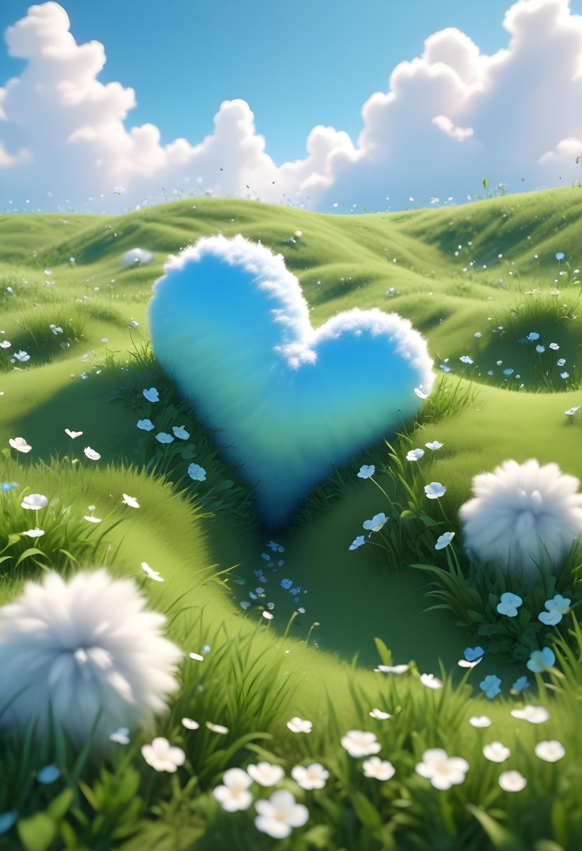 Digital Painting A Bright Blue Sky With Fluffy White Clouds And A Soft Gradient Background The Lower Part Features A Grassy Field With Small Green Heart Shaped Plants Scattered Throughout Creating A Whimsical And Cheer 7 8236