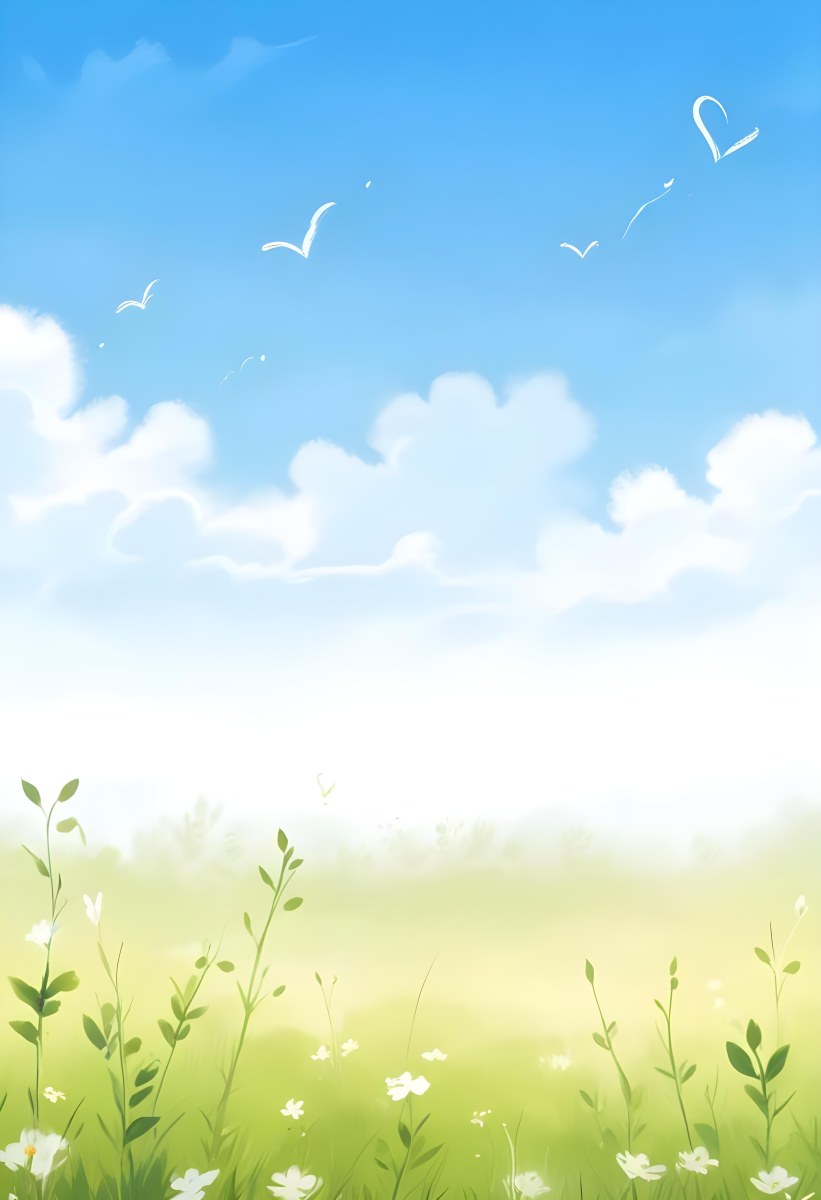 Digital Painting A Bright Blue Sky With Fluffy White Clouds And A Soft Gradient Background The Lower Part Features A Grassy Field With Small Green Heart Shaped Plants Scattered Throughout Creating A Whimsical And Cheer 8 E0ea