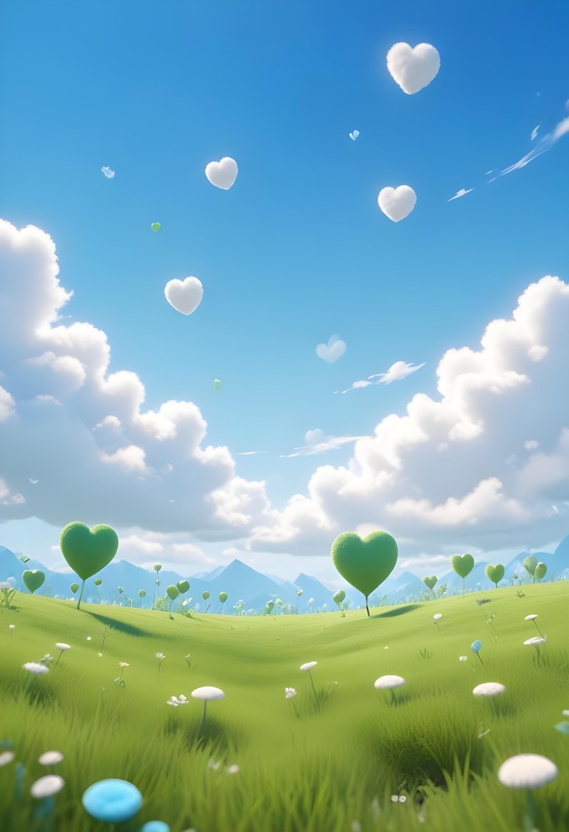 Digital Painting A Bright Blue Sky With Fluffy White Clouds And A Soft Gradient Background The Lower Part Features A Grassy Field With Small Green Heart Shaped Plants Scattered Throughout Creating A Whimsical And Cheer 9 C8f3