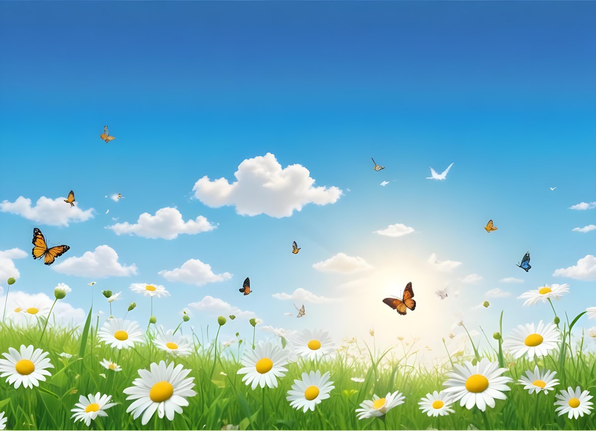 Digital Painting A Field Of Daisies And Green Grass With Butterflies Flying Around White Clouds In A Blue Sky Cartoon Style Bright Colors Sunny Day Bold And Slim Lines Brush Strokes 13 644e