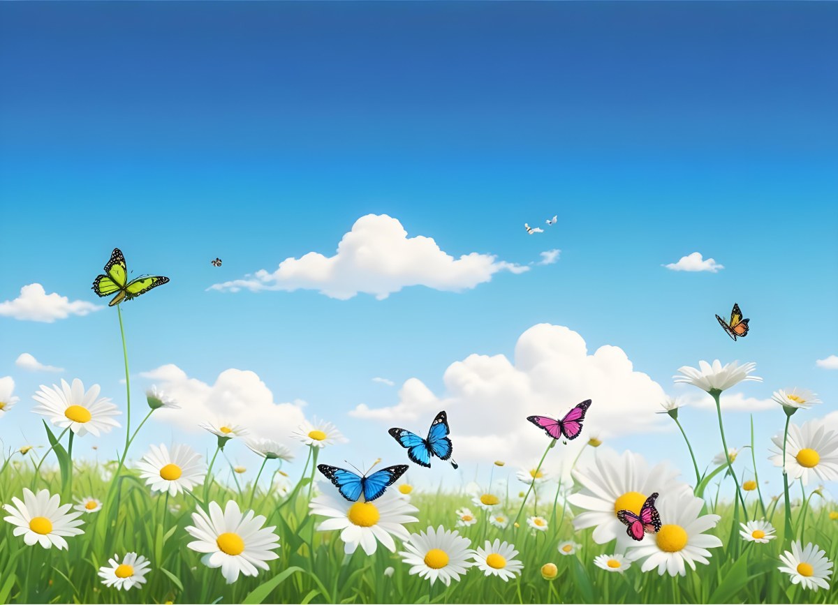 Digital Painting A Field Of Daisies And Green Grass With Butterflies Flying Around White Clouds In A Blue Sky Cartoon Style Bright Colors Sunny Day Bold And Slim Lines Brush Strokes 14 E76d