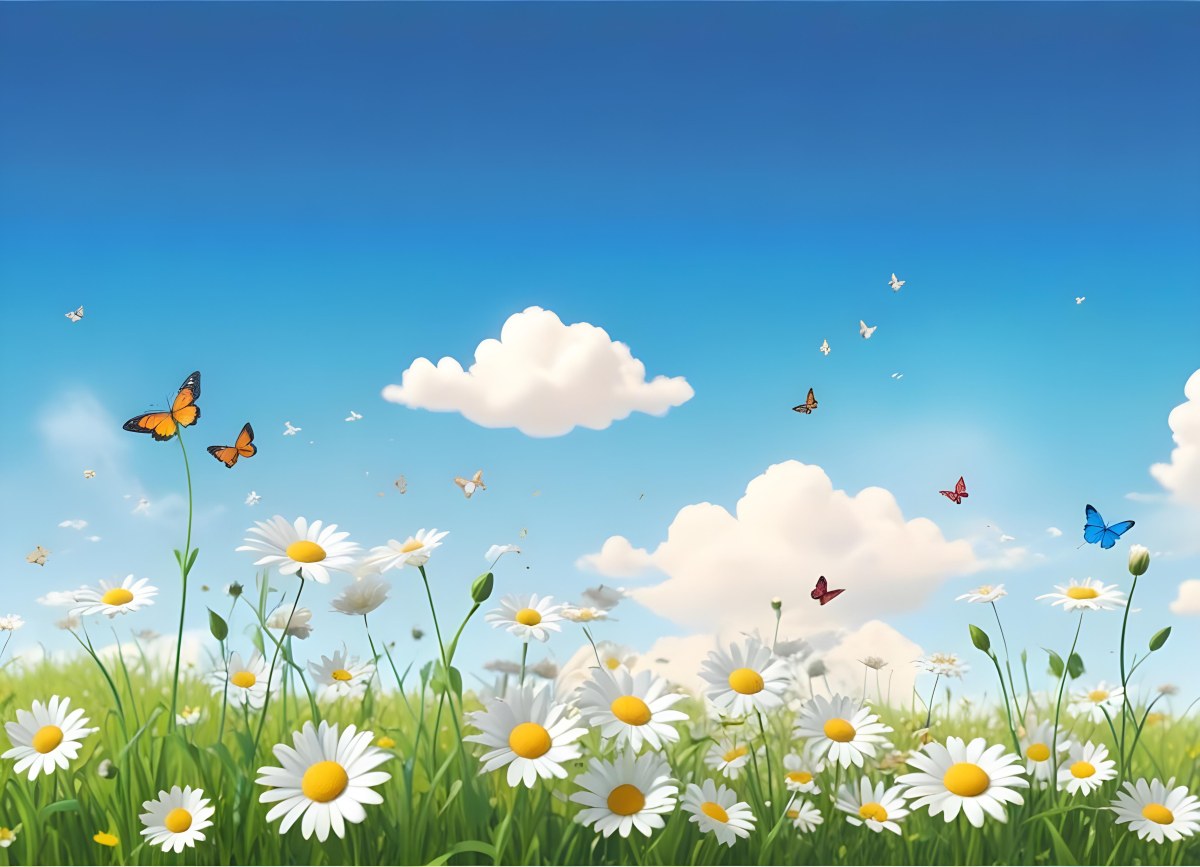 Digital Painting A Field Of Daisies And Green Grass With Butterflies Flying Around White Clouds In A Blue Sky Cartoon Style Bright Colors Sunny Day Bold And Slim Lines Brush Strokes 17 428d