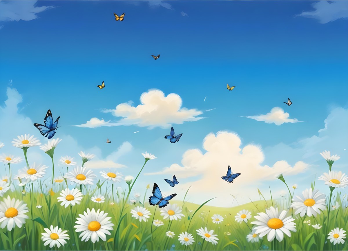 Digital Painting A Field Of Daisies And Green Grass With Butterflies Flying Around White Clouds In A Blue Sky Cartoon Style Bright Colors Sunny Day Bold And Slim Lines Brush Strokes 23 8b11