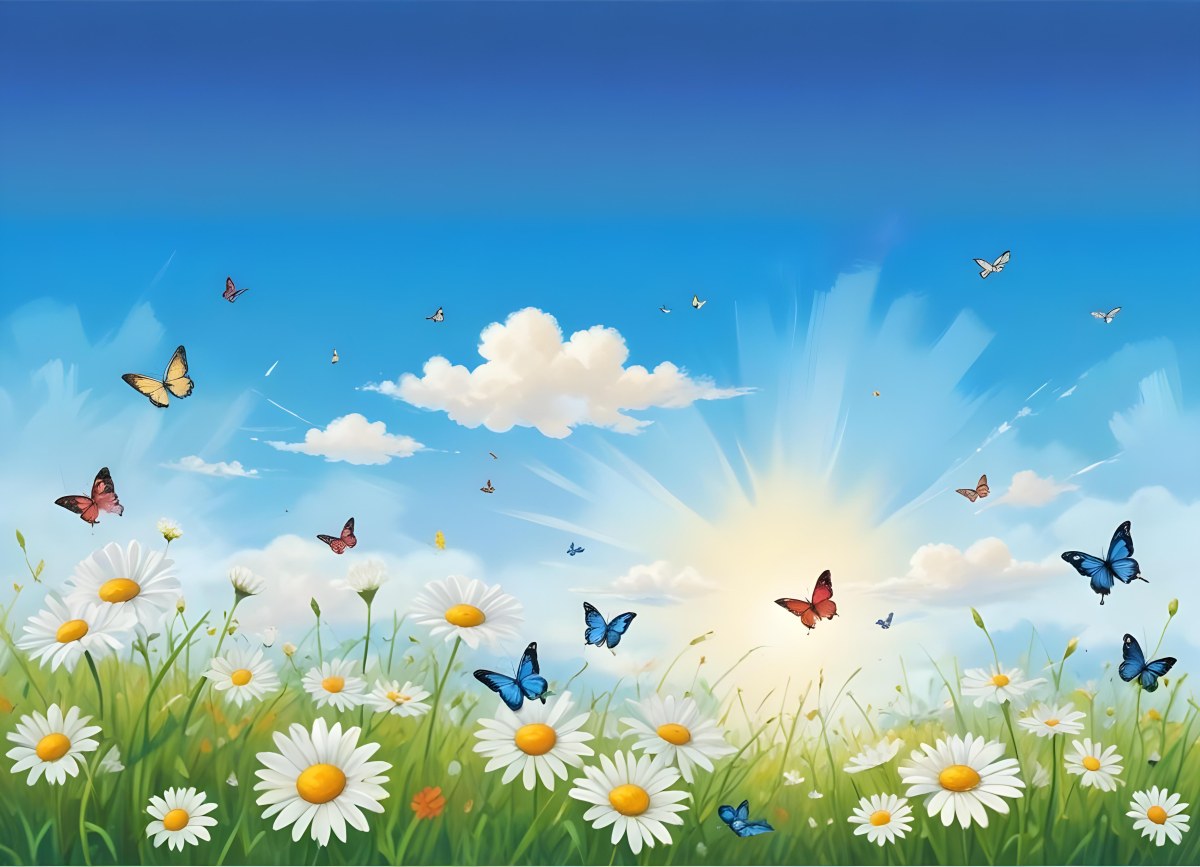 Digital Painting A Field Of Daisies And Green Grass With Butterflies Flying Around White Clouds In A Blue Sky Cartoon Style Bright Colors Sunny Day Bold And Slim Lines Brush Strokes 29 67a7