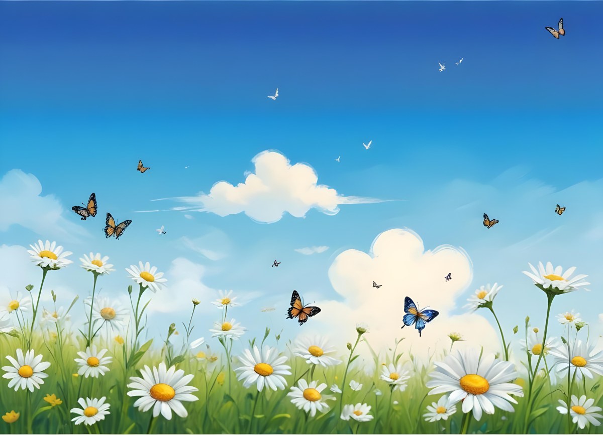 Digital Painting A Field Of Daisies And Green Grass With Butterflies Flying Around White Clouds In A Blue Sky Cartoon Style Bright Colors Sunny Day Bold And Slim Lines Brush Strokes 32 8e63