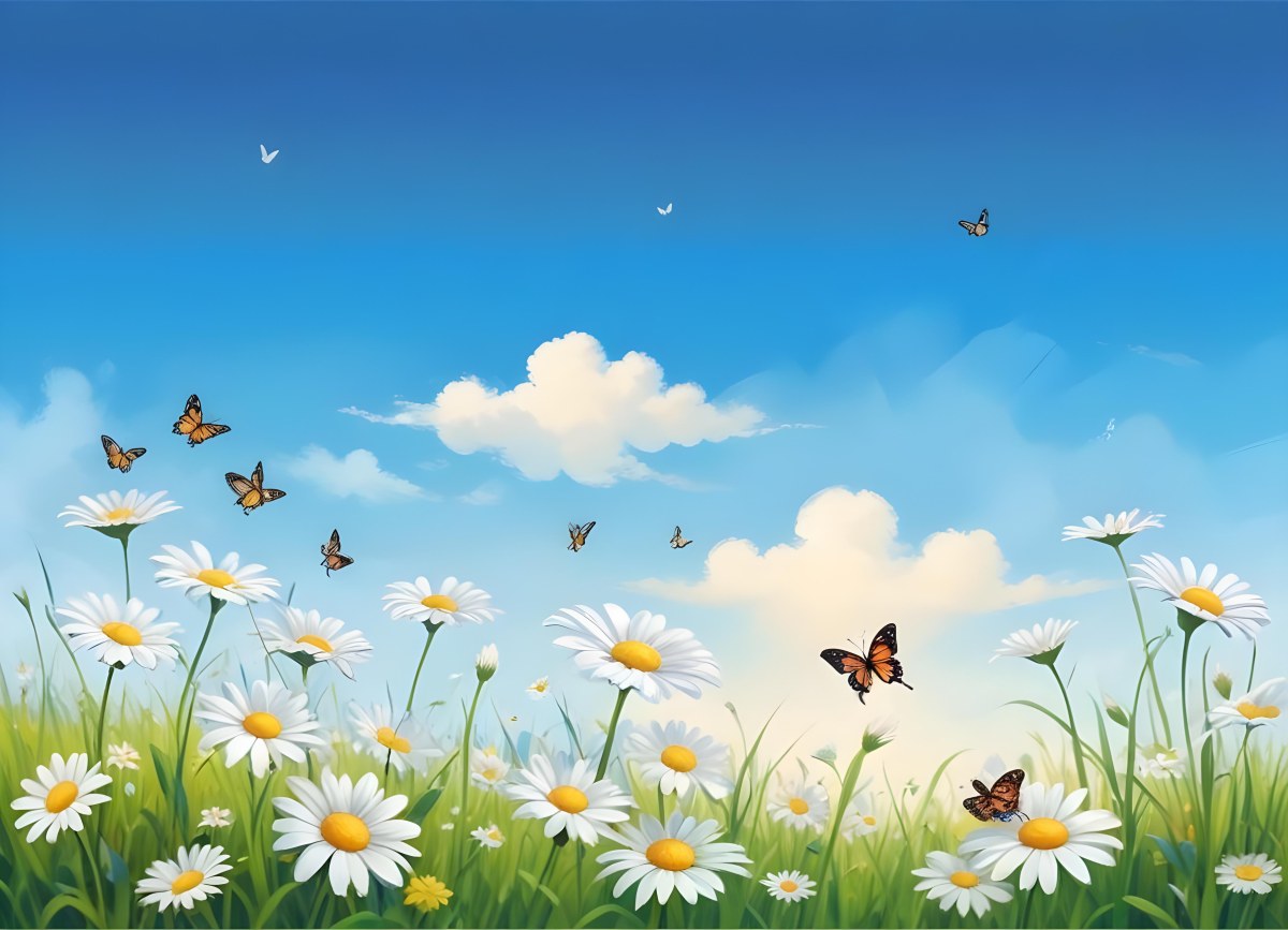 Digital Painting A Field Of Daisies And Green Grass With Butterflies Flying Around White Clouds In A Blue Sky Cartoon Style Bright Colors Sunny Day Bold And Slim Lines Brush Strokes 36 320c