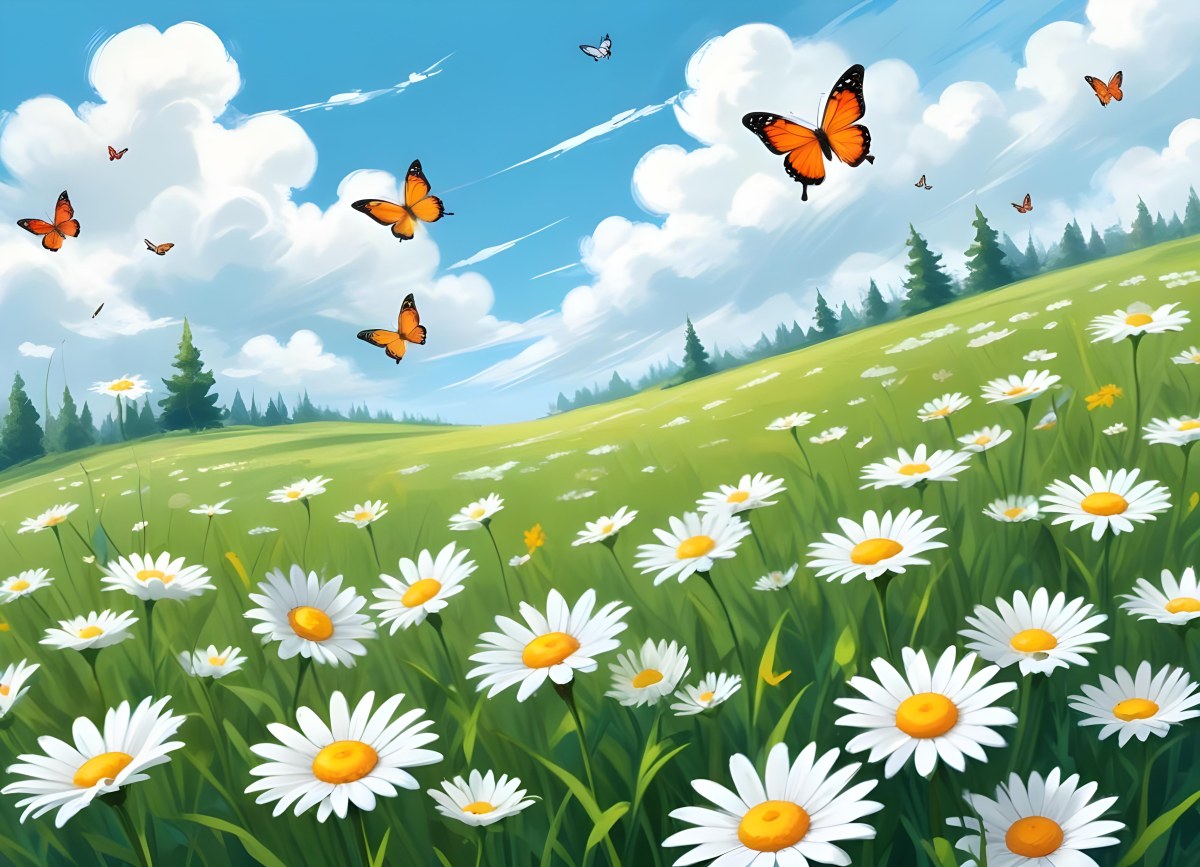 Digital Painting A Field Of Daisies And Green Grass With Butterflies Flying Around White Clouds In A Blue Sky Cartoon Style Bright Colors Sunny Day Bold And Slim Lines Brush Strokes 58 3693