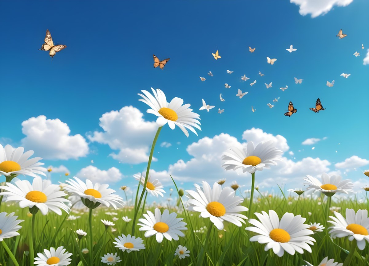 Digital Painting A Field Of Daisies And Green Grass With Butterflies Flying Around White Clouds In A Blue Sky Cartoon Style Bright Colors Sunny Day Bold And Slim Lines Brush Strokes 61 140e