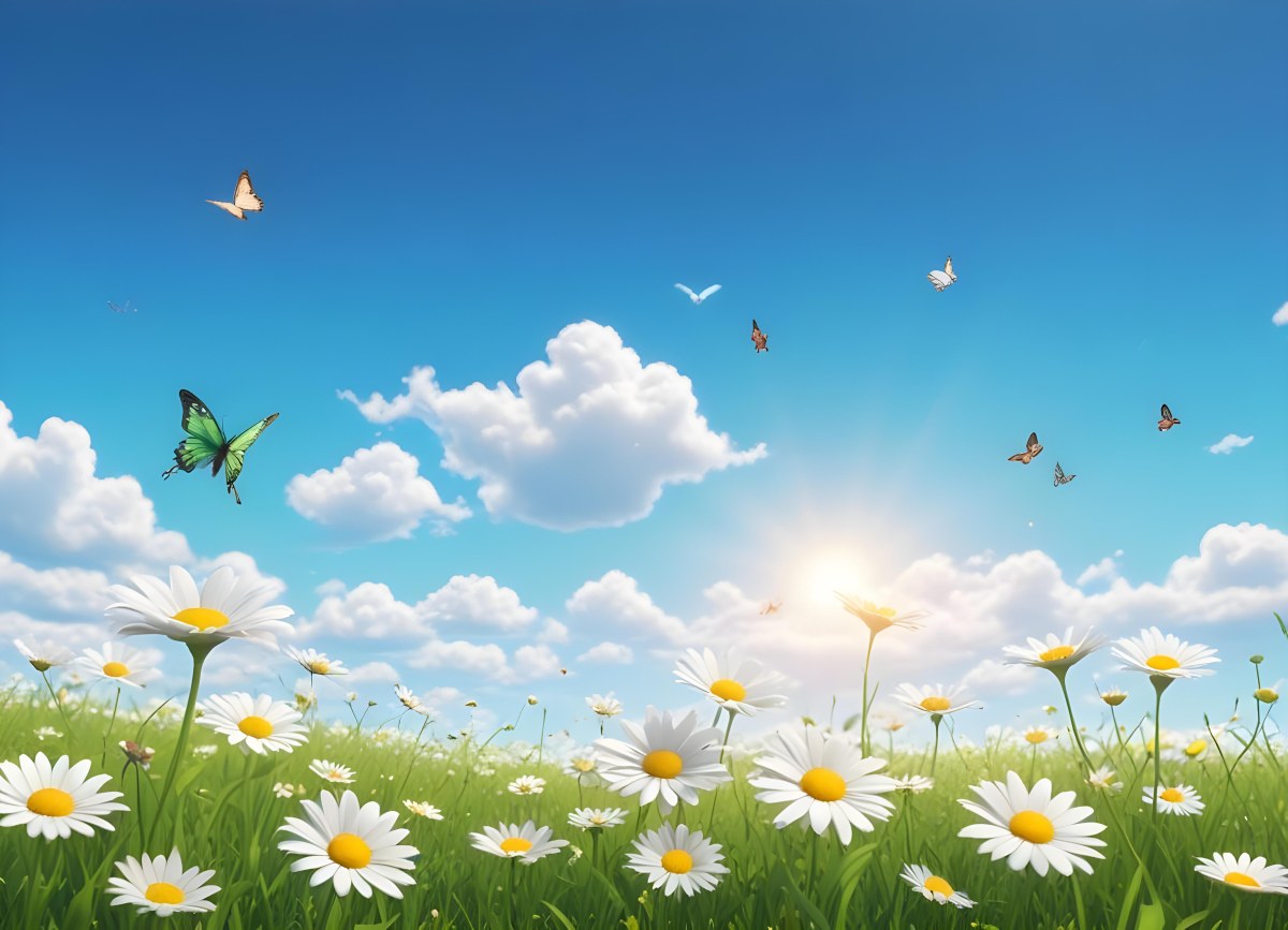 Digital Painting A Field Of Daisies And Green Grass With Butterflies Flying Around White Clouds In A Blue Sky Cartoon Style Bright Colors Sunny Day Bold And Slim Lines Brush Strokes 67 435e