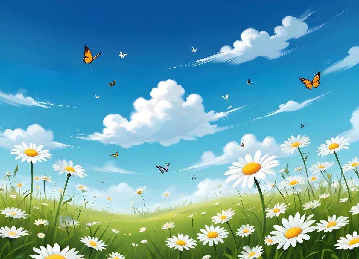 Digital Painting A Field Of Daisies And Green Grass With Butterflies Flying Around White Clouds In A Blue Sky Cartoon Style Bright Colors Sunny Day Bold And Slim Lines Brush Strokes 68 Fc38