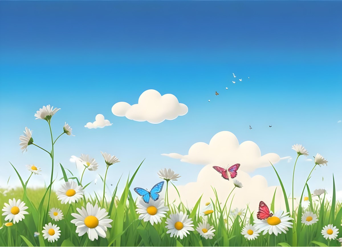 Digital Painting A Field Of Daisies And Green Grass With Butterflies Flying Around White Clouds In A Blue Sky Cartoon Style Bright Colors Sunny Day Bold And Slim Lines Brush Strokes 7 59cd