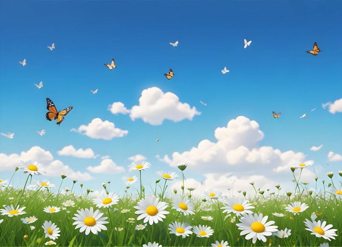 Digital Painting A Field Of Daisies And Green Grass With Butterflies Flying Around White Clouds In A Blue Sky Cartoon Style Bright Colors Sunny Day Bold And Slim Lines Brush Strokes 70 1e26