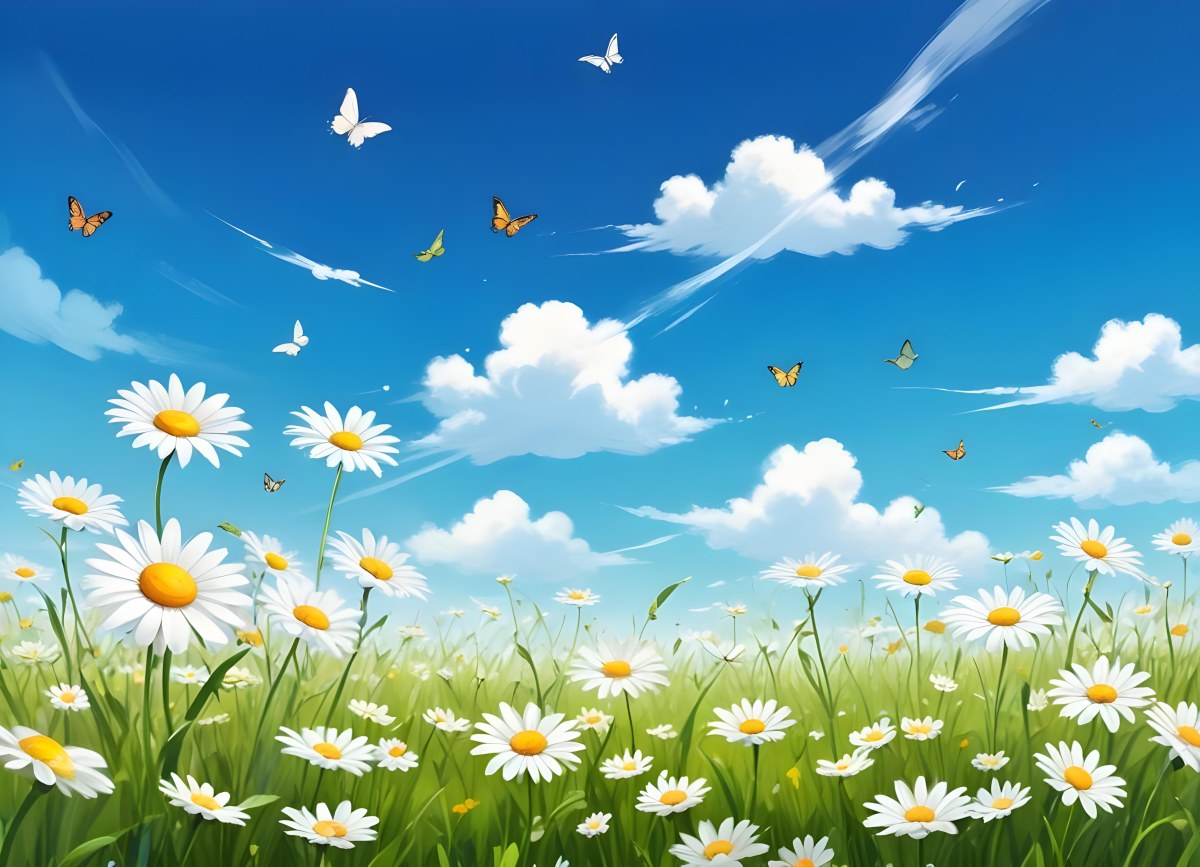 Digital Painting A Field Of Daisies And Green Grass With Butterflies Flying Around White Clouds In A Blue Sky Cartoon Style Bright Colors Sunny Day Bold And Slim Lines Brush Strokes 71 1a15