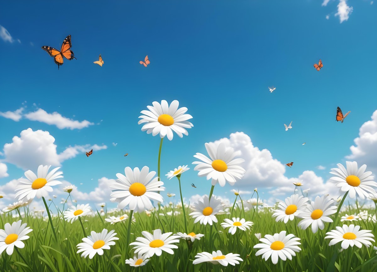 Digital Painting A Field Of Daisies And Green Grass With Butterflies Flying Around White Clouds In A Blue Sky Cartoon Style Bright Colors Sunny Day Bold And Slim Lines Brush Strokes 72 6377