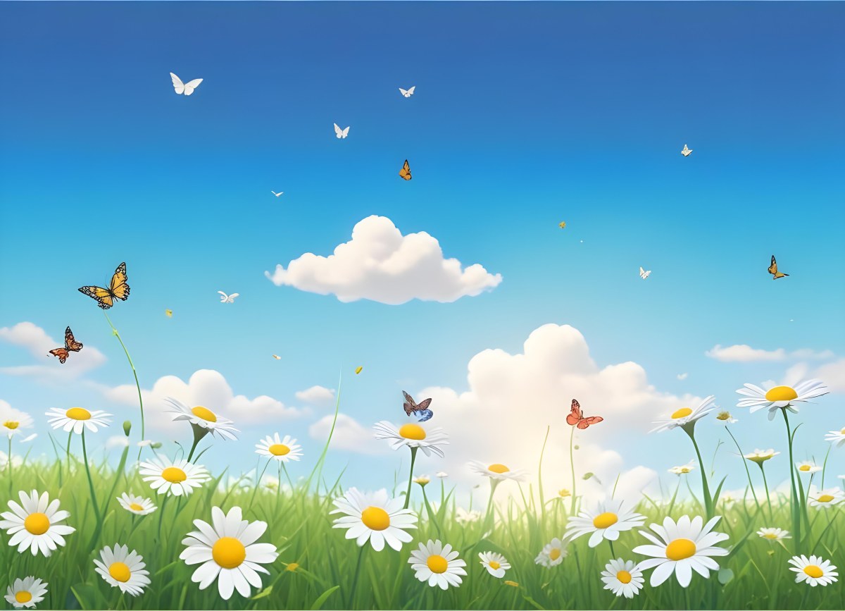 Digital Painting A Field Of Daisies And Green Grass With Butterflies Flying Around White Clouds In A Blue Sky Cartoon Style Bright Colors Sunny Day Bold And Slim Lines Brush Strokes 74 373d