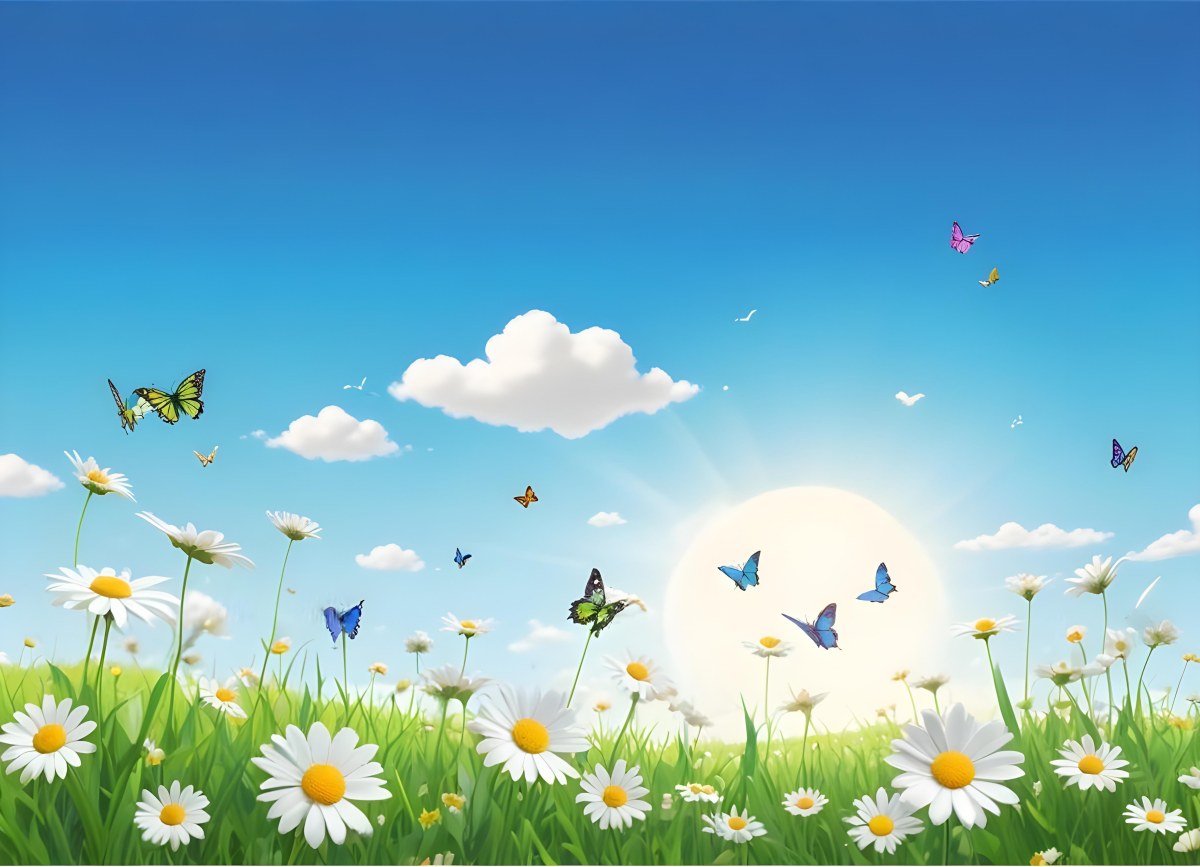 Digital Painting A Field Of Daisies And Green Grass With Butterflies Flying Around White Clouds In A Blue Sky Cartoon Style Bright Colors Sunny Day Bold And Slim Lines Brush Strokes 75 Edcc